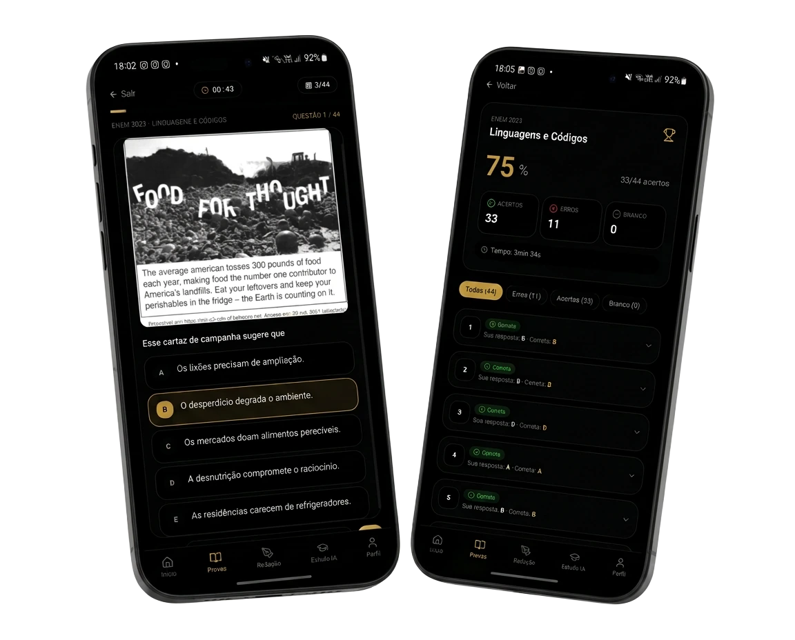 Telas do app mostrando questão do ENEM e correção de redação por IA